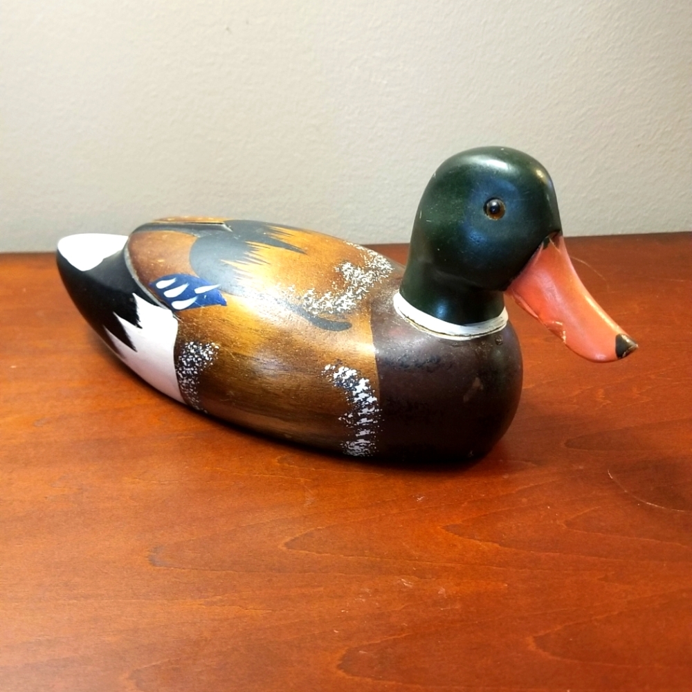 Vintage Hand Carved & Painted Wooden Duck Decoy W/ Glass Eyes,Taiwan